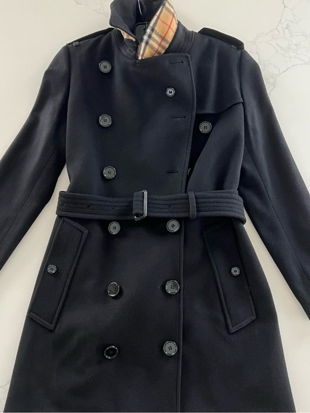BURBERRY 100% Cashmere Double-Breasted Belted Trench Coat – Black | US 0 / UK 2